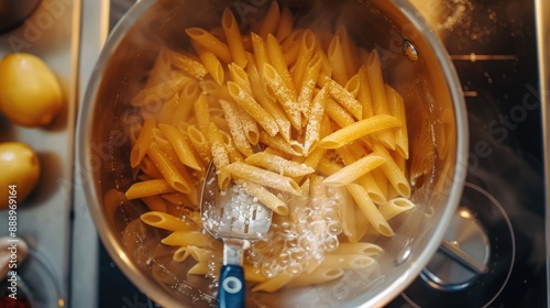 Pasta boiling in a pot Stir with a spoon and check the readiness of the pasta top view photo