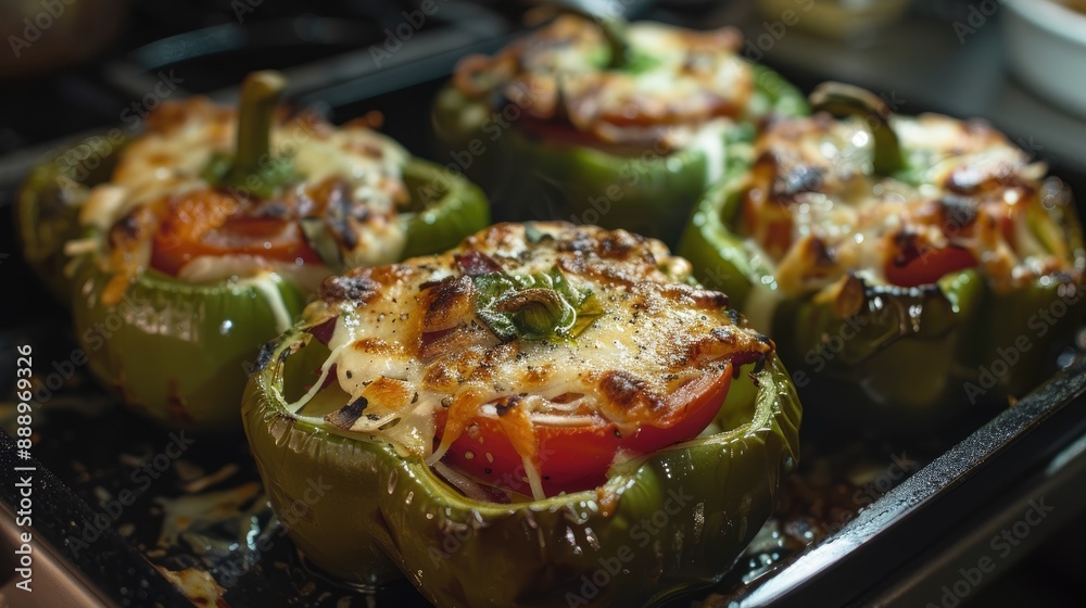 Roasted green peppers stuffed with bacon mozzarella cheese tomato and onion Roasted green peppers stuffed with bacon mozzarella cheese tomato and onion