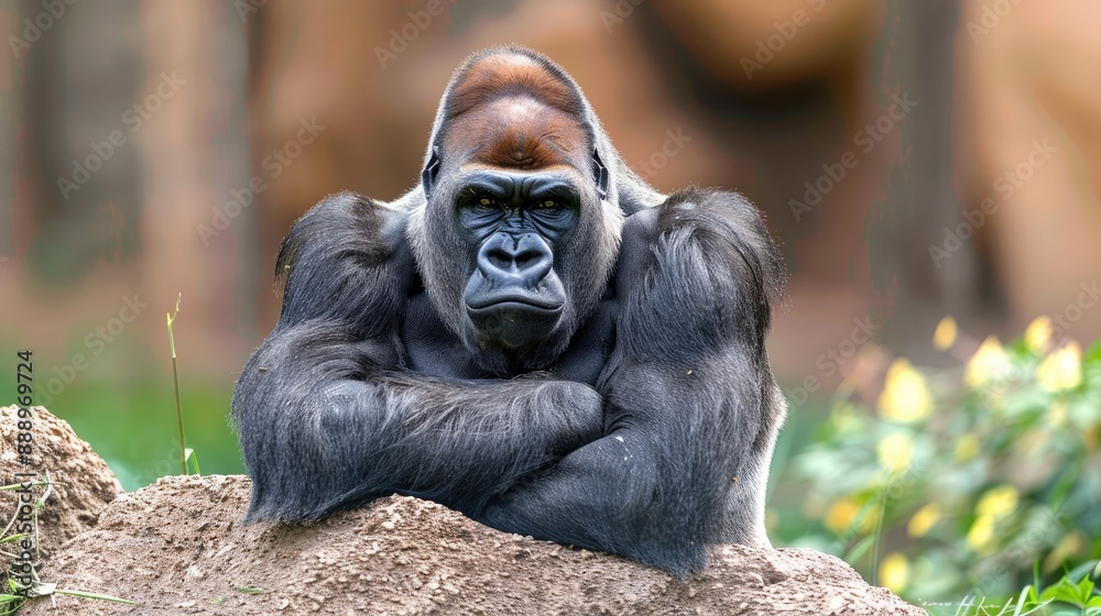 Obraz premium Silverback Gorilla Sitting and Resting Against Rock