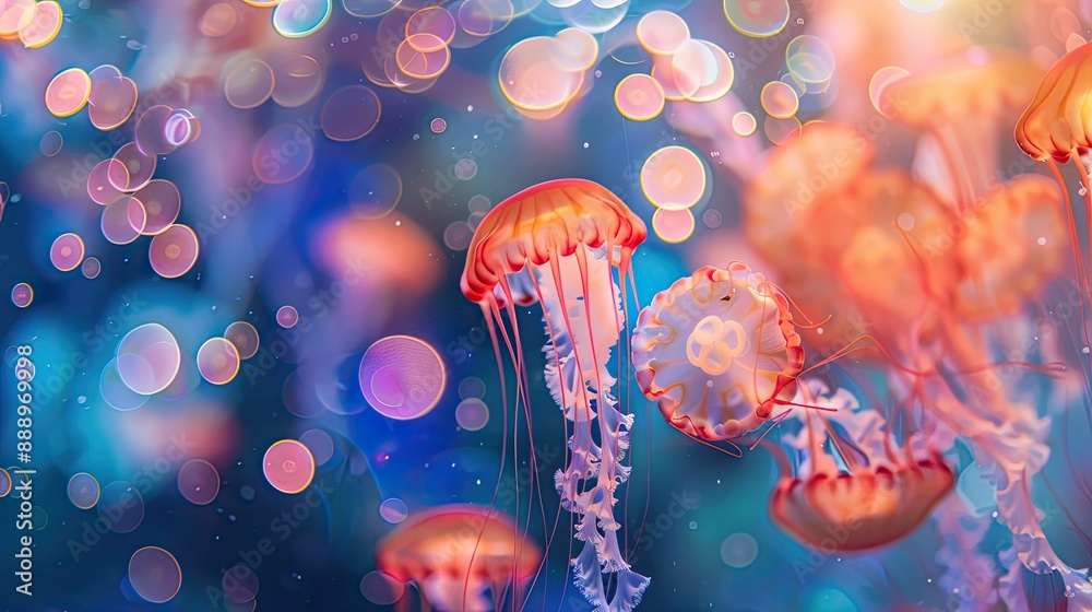 Jellyfish and lights in the aquarium Jellyfish and lights in the aquarium