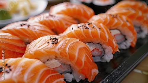 Fresh salmon sushi salmon maki roll Japanese food restaurant salmon sushi on plate Sushi platter with a mixed variety of the Japanese delicacy at a buffet spread table