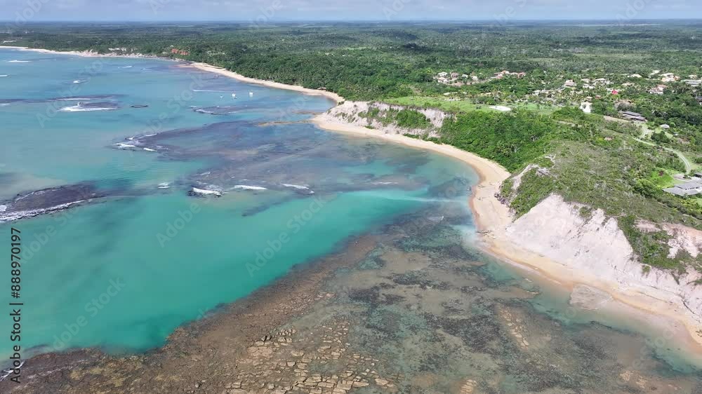 Mirror Beach At Trancoso Bahia Brazil. Stunning Tropical Coastline Beach Scene Viewed From Above. Holiday Landscape Leisure Amazing. Holiday Summertime. Trancoso Bahia. Mirror Beach At Trancoso Bahia Brazil. Stunning Tropical Coastline Beach Scene Viewed From Above. Holiday Landscape Leisure Amazing. Holiday Summertime. Trancoso Bahia.