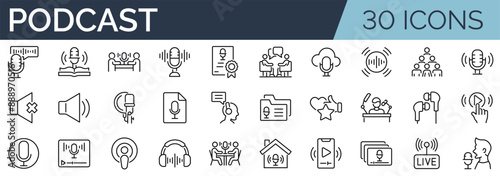 Set of 30 outline icons related to podcast. Linear icon collection. Editable stroke. Vector illustration