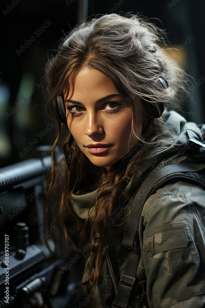 Determined woman with tactical gear in forest Determined woman with tactical gear in forest