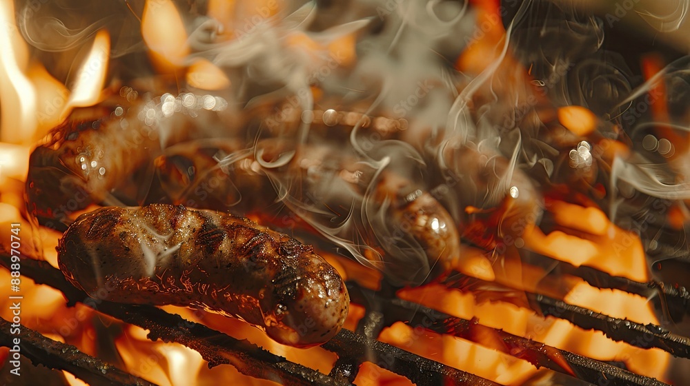 A close up view of sausages grilling over an open flame smoke rising from the meat as it cooks A close up view of sausages grilling over an open flame smoke rising from the meat as it cooks