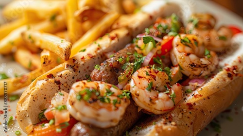 Sausage onions and peppers hoagie sandwich topped with shrimp salad and served with side of fries