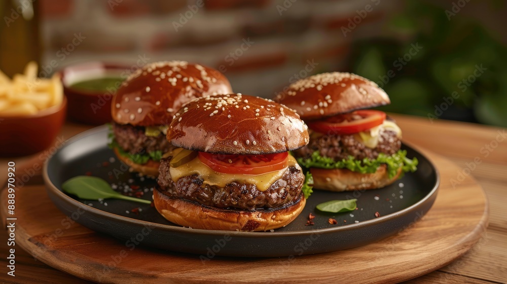 Homemade burgers with cheese tomatoes green salad leaf on big plate on the kitchen table Homemade burgers with cheese tomatoes green salad leaf on big plate on the kitchen table