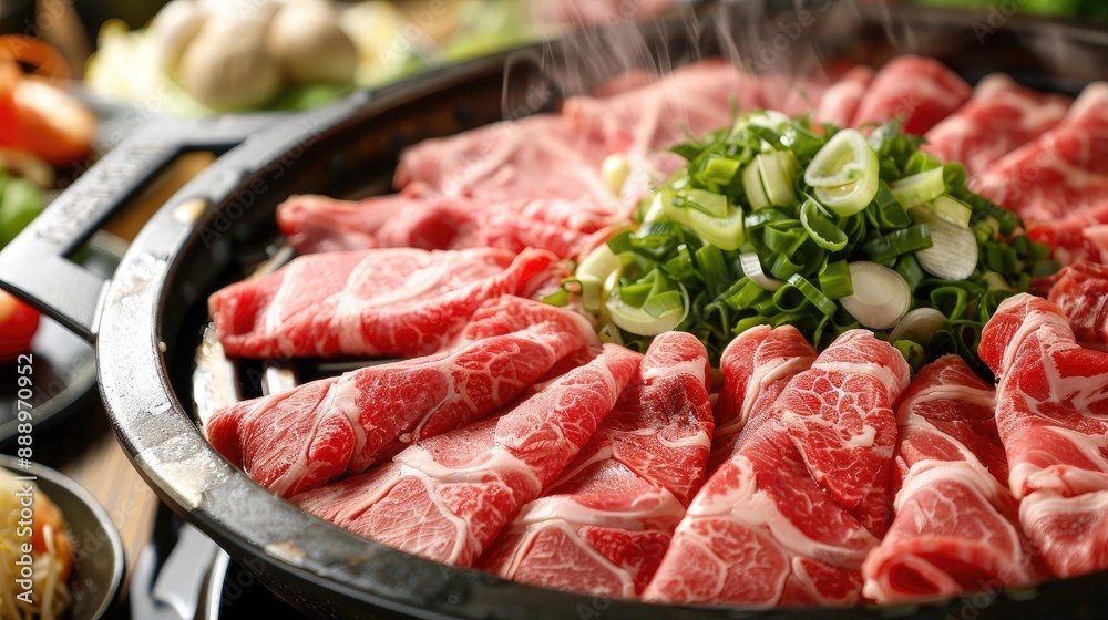 Slice of fresh raw beef at hot pot restaurant Slice of fresh raw beef at hot pot restaurant