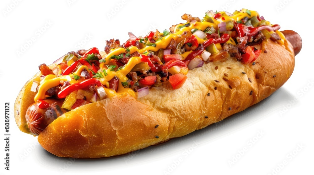 Create a vibrant and impactful image to promote an artisanal Brazilian hot dog course The image should highlight an irresistible Brazilian artisanal hot dog with lots of filling lots of cheese soft b