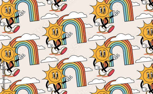  Pattern groovy funny trendy retro cartoon Cloud, rainbow, sun. Vintage happy characters in comic rubber hose style. Isolated vector seamless illustration. Hippie in the style of the 60s, 70s.