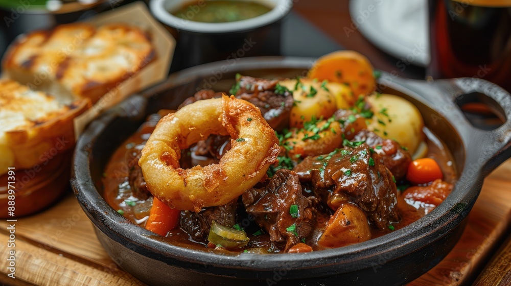 Beef in Irish Stout StewA dish of Beef in Irish stout with a topping of sliced potatoes served with a selection of vegetables and Sourdough bread with stout battered onion rings and a jug of onion Beef in Irish Stout StewA dish of Beef in Irish stout with a topping of sliced potatoes served with a selection of vegetables and Sourdough bread with stout battered onion rings and a jug of onion