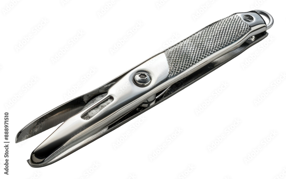 A silver fishing line cutter with a textured grip lies on a white background A silver fishing line cutter with a textured grip lies on a white background