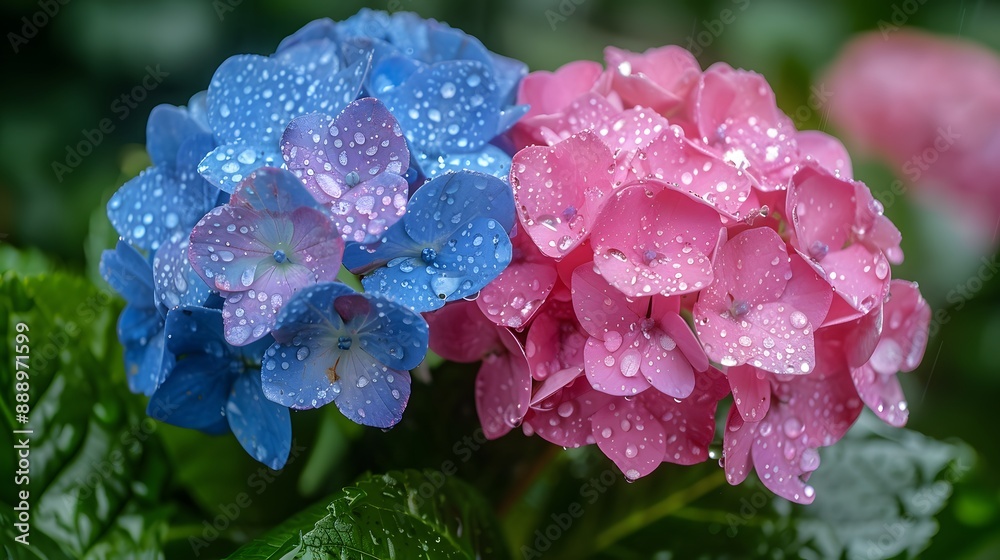 A cluster of pink and blue hydrangea flowers, their petals wet with rain, catching the sunlight and creating a sparkling effect, set against a leafy background A cluster of pink and blue hydrangea flowers, their petals wet with rain, catching the sunlight and creating a sparkling effect, set against a leafy background
