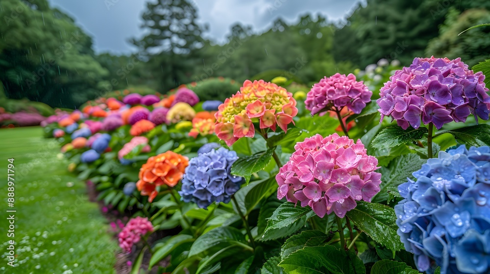 Obraz premium A wide-angle view of a garden filled with colorful hydrangeas, each bloom adorned with sparkling water droplets from a recent rain, against a lush green backdrop