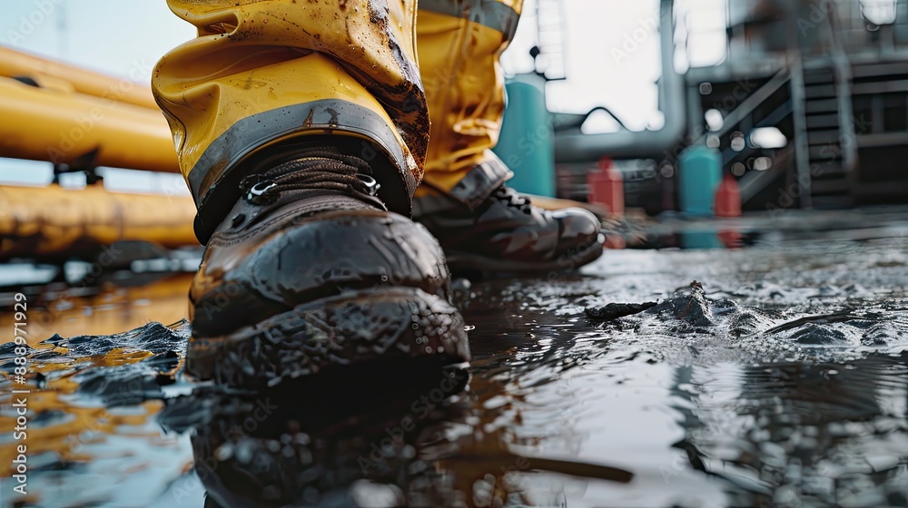 close up safety boot worker cleaning crude oil contaminated on floor waste management