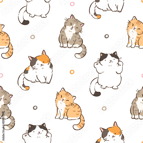 Seamless Pattern with Hand Drawn Cat Character Design on White Background