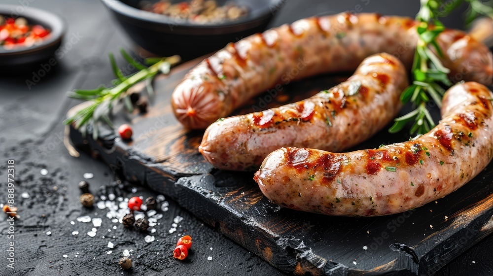 Traditional raw schweinsbratwurst offered as close up on a rustic black board with text space Traditional raw schweinsbratwurst offered as close up on a rustic black board with text space