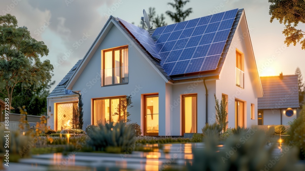 A house with solar panels on the roof and a field of flowers in the background. The house is surrounded by a beautiful, natural landscape A house with solar panels on the roof and a field of flowers in the background. The house is surrounded by a beautiful, natural landscape