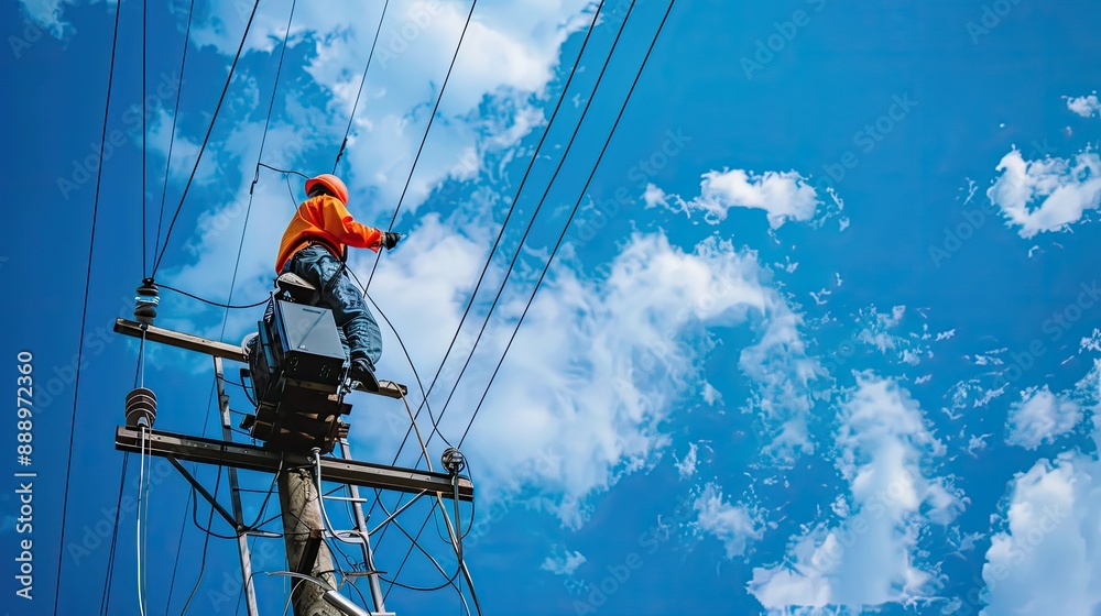 Electrician Working on a Power Pole Against a Blue Sky Electrician Working on a Power Pole Against a Blue Sky