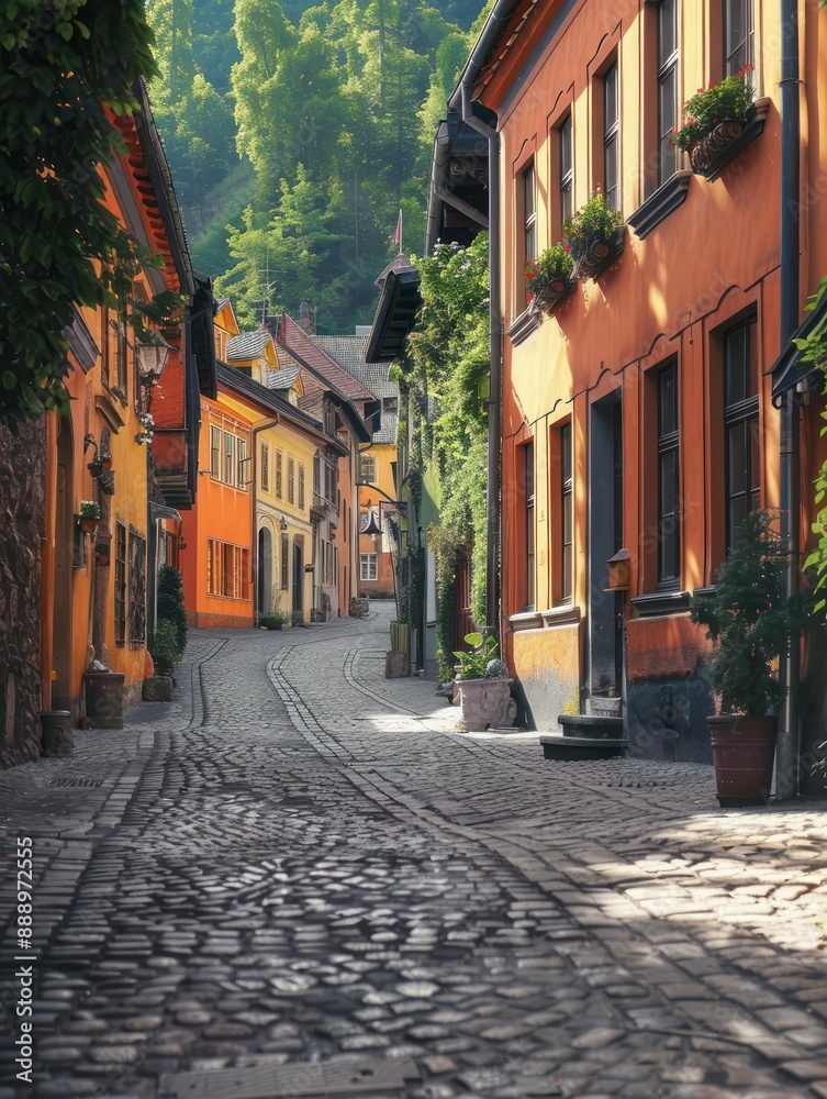 Obraz premium Cobblestone street in Old Town Bruges features colorful buildings and a vibrant atmosphere. Perspective from ground level looks down the street towards the horizon, reflecting warm city hues.