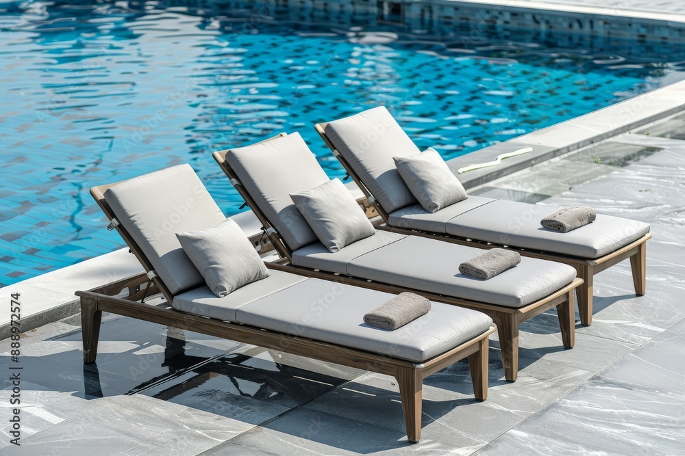 Three Sun Loungers by Swimming Pool. Three Sun Loungers by Swimming Pool.