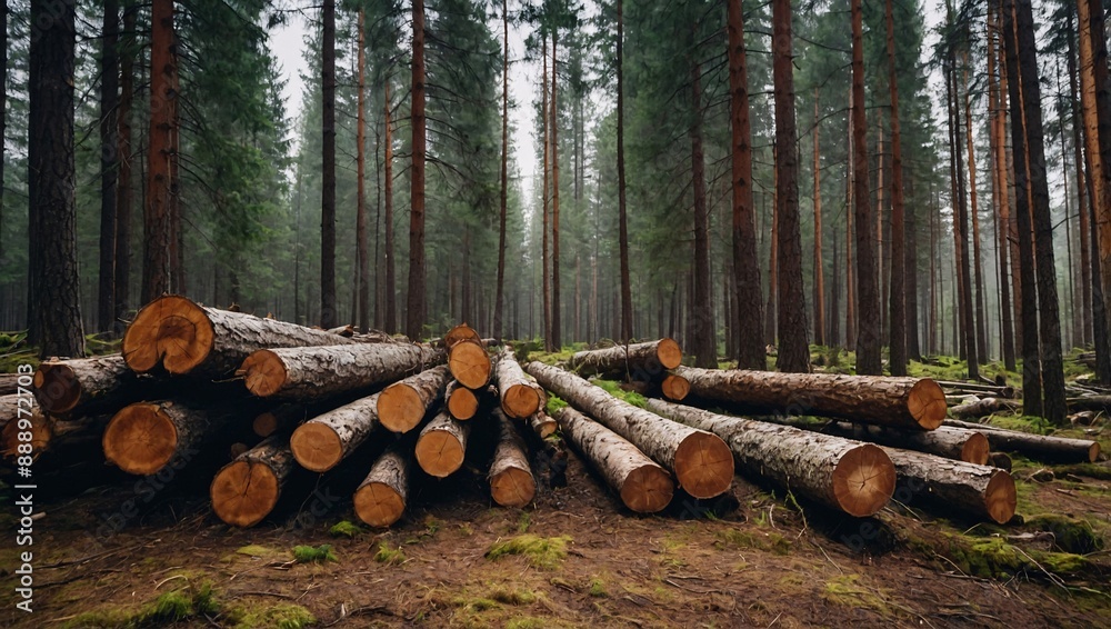 Pine and spruce forest scene with piled log trunks for timber industry Pine and spruce forest scene with piled log trunks for timber industry