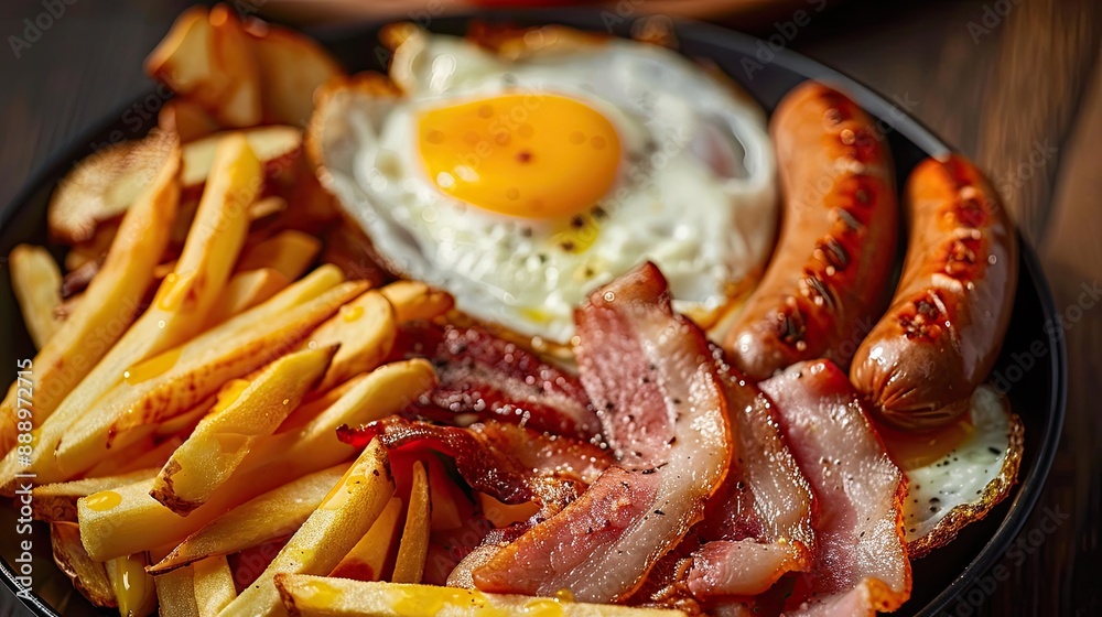 bacon eggs sausages and French fries bacon eggs sausages and French fries