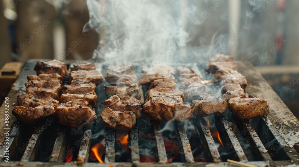 Meat cooked at barbecue with smoke close up Shish kebab cooking outdoors Raw spicy marinated meat cook on bbq grill Pork meat shashlik prepared on grill wood coal outdoor x000D Meat cooked at barbecue with smoke close up Shish kebab cooking outdoors Raw spicy marinated meat cook on bbq grill Pork meat shashlik prepared on grill wood coal outdoor x000D