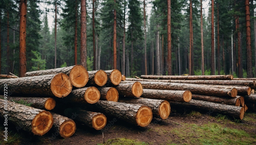 Pine and spruce forest scene with piled log trunks for timber industry Pine and spruce forest scene with piled log trunks for timber industry