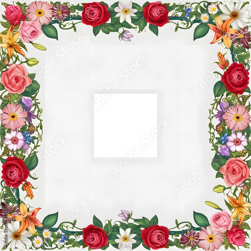 A Square Image of Blank White Background bordered by a beautiful detailed floral pattern