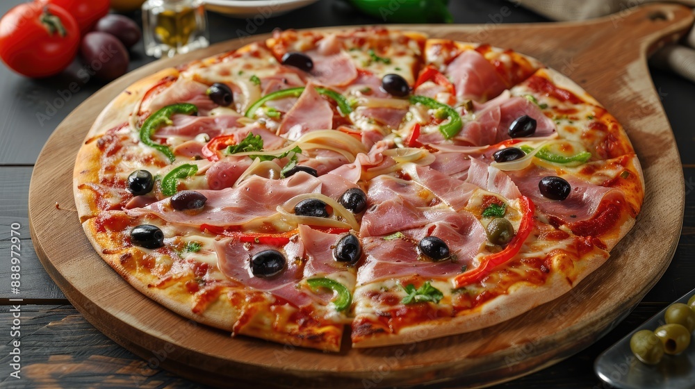Sliced ham pizza with capsicum and olives on wooden board on table Sliced ham pizza with capsicum and olives on wooden board on table