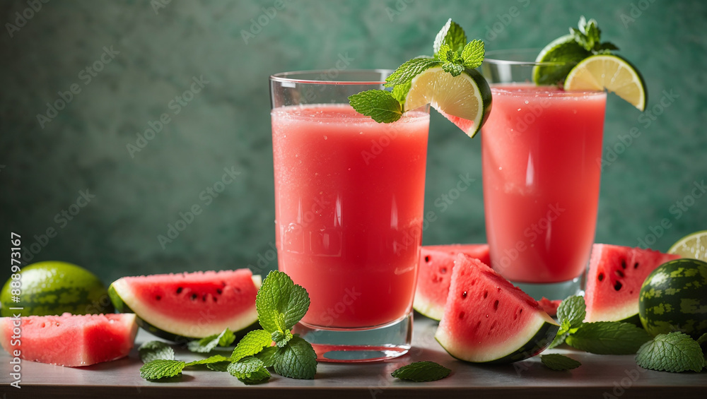 two tall glasses of watermelon juice, garnished with lime and mint, along with a whole watermelon, slices, and a sprig of mint two tall glasses of watermelon juice, garnished with lime and mint, along with a whole watermelon, slices, and a sprig of mint