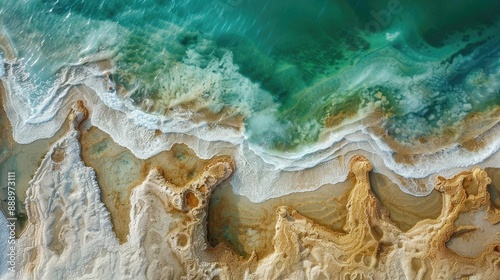 Fototapeta Naklejka Na Ścianę i Meble -  Unusual water and salt texture of the Dead Sea aerial view