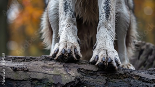 Grey Wolf Canis lupus Front Paws on Log Autumn captive animal photo