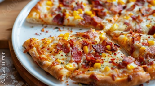 Slices of pizza with bacon paprika and corn served on a white plate