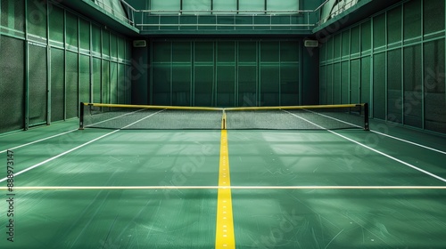 Wallpaper Mural Elevated Platform Tennis Paddle Ball courts with yellow pickelball lines and net Floor surface is green with white and yellow Torontodigital.ca