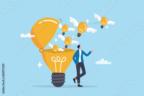 Idea generation, creativity or innovation to inspire new ideas, invention and knowledge, imagination or wisdom for solution concept, young adult man open lightbulb to develop and generate new ideas.