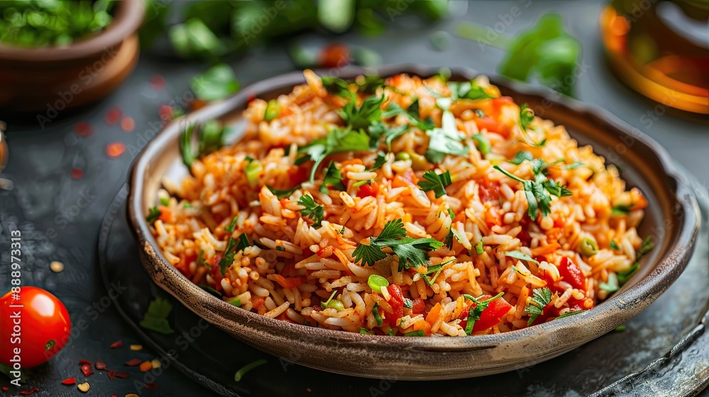 Healthy nutritious plate of Greek tomato rice or pilaf topped with fresh chopped coriander and served on a rustic earthenware plate Healthy nutritious plate of Greek tomato rice or pilaf topped with fresh chopped coriander and served on a rustic earthenware plate