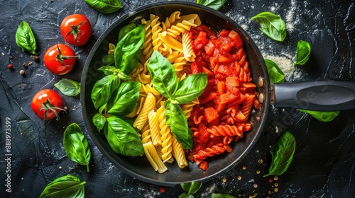 A vibrant representation of the Italian flag made with pasta basil and tomatoes beautifully presented in a frying pan Flat lay photo