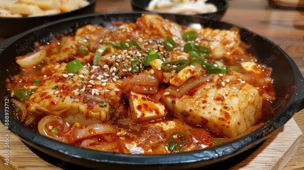 Spicy pork belly cooked with kimchi spring onions onion and tofu Marinated with red chilli paste called gojuchang Spicy pork belly cooked with kimchi spring onions onion and tofu Marinated with red chilli paste called gojuchang