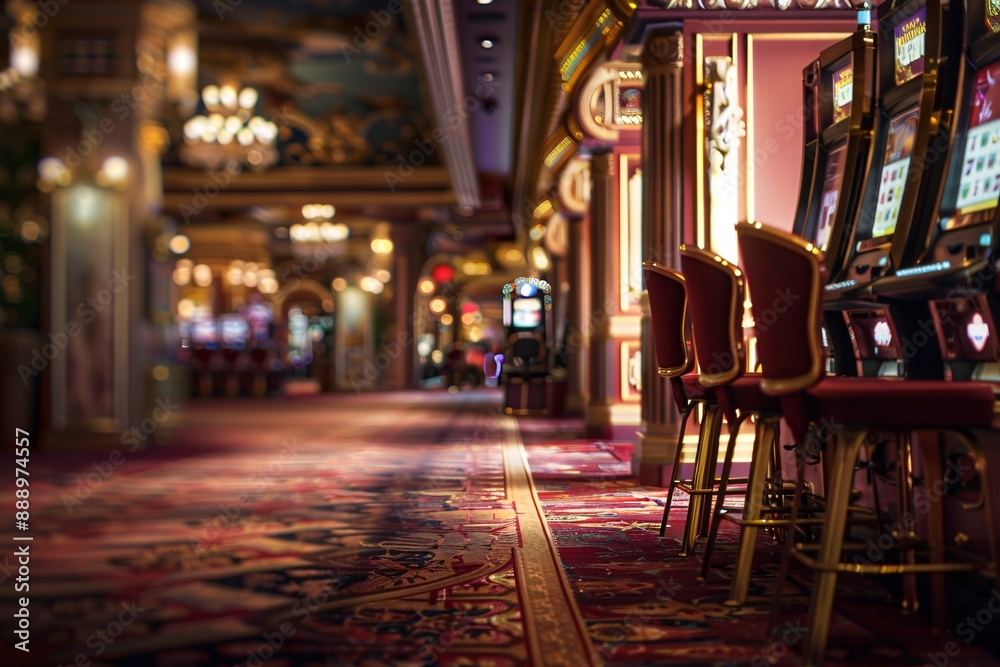A row of brightly lit slot machines with red upholstered seats lining the casino floor A row of brightly lit slot machines with red upholstered seats lining the casino floor