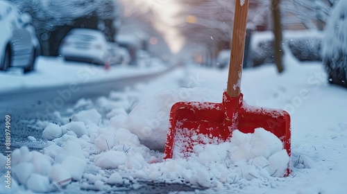 Red shovel for removes snow from the road and clears the sidewalk in winter season Cleaning and clearing roads after snowfalls and blizzards