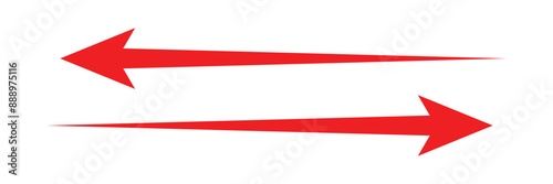 Long red arrows icon set. Red arrow pointing right and left direction in flat style on white background. Replaceable vector design. navigation, arrow cursor, exit, evacuation sign. 
