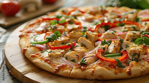 Wallpaper Mural Homemade Spicy kebab Chicken Pizza with chicken gyros green and red pepper onion basil and tomatoes on wooden board Torontodigital.ca