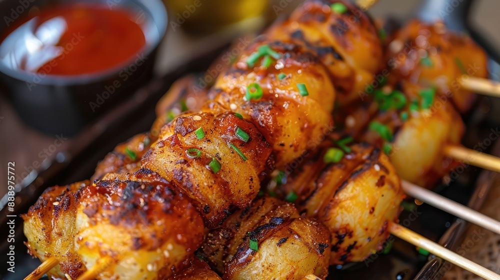 crispy salty fried Tornado Potato chips on a stick Spiral Potato with Sauces crispy salty fried Tornado Potato chips on a stick Spiral Potato with Sauces