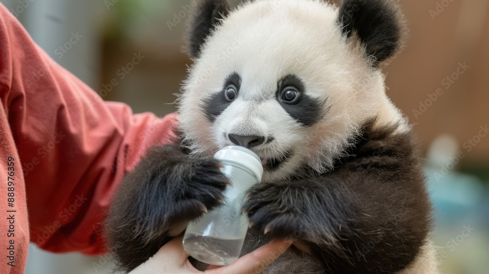 Fototapeta premium Baby Panda Drinking from Bottle