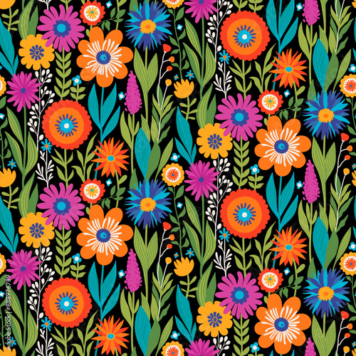 Half drop Floral Seamless Pattern of Fantasy Flowers in Green, Orange, Purple, Blue, Red and White Colors on Black. Wallpaper Design for Textiles, Papers, Prints, Fashion, Beauty Products, Wrappings.