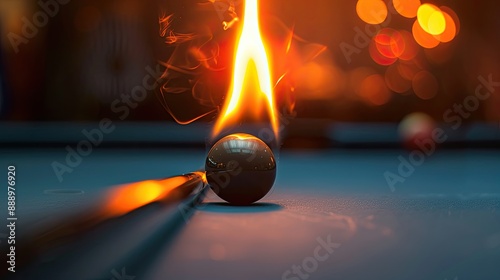 Pool cue hitting a black ball on fire photo