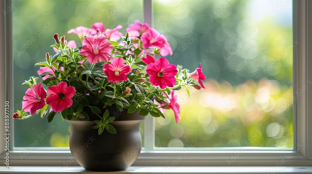 Bright pink and red petunia flowers blooming plants in plastic pot on window sill with copy space Shallow depth of field Home exterior decoration Bright pink and red petunia flowers blooming plants in plastic pot on window sill with copy space Shallow depth of field Home exterior decoration