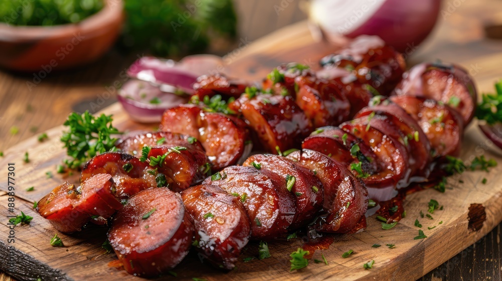 Sliced smoked fried calabrese sausage with onion and beer Brazilian appetizer Sliced smoked fried calabrese sausage with onion and beer Brazilian appetizer